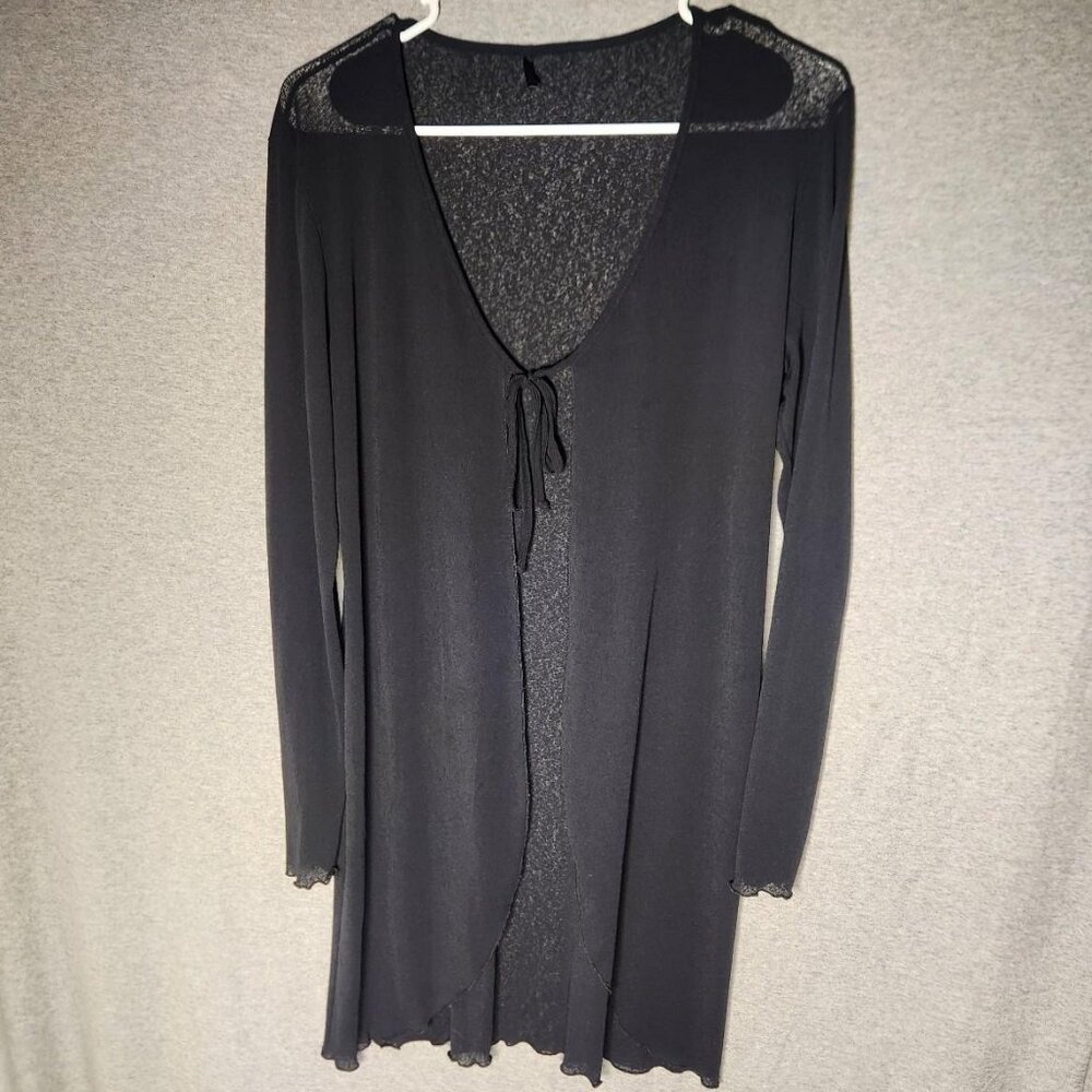 Y2K Long Sleeve Sheer Black Front Tie Duster Cardigan